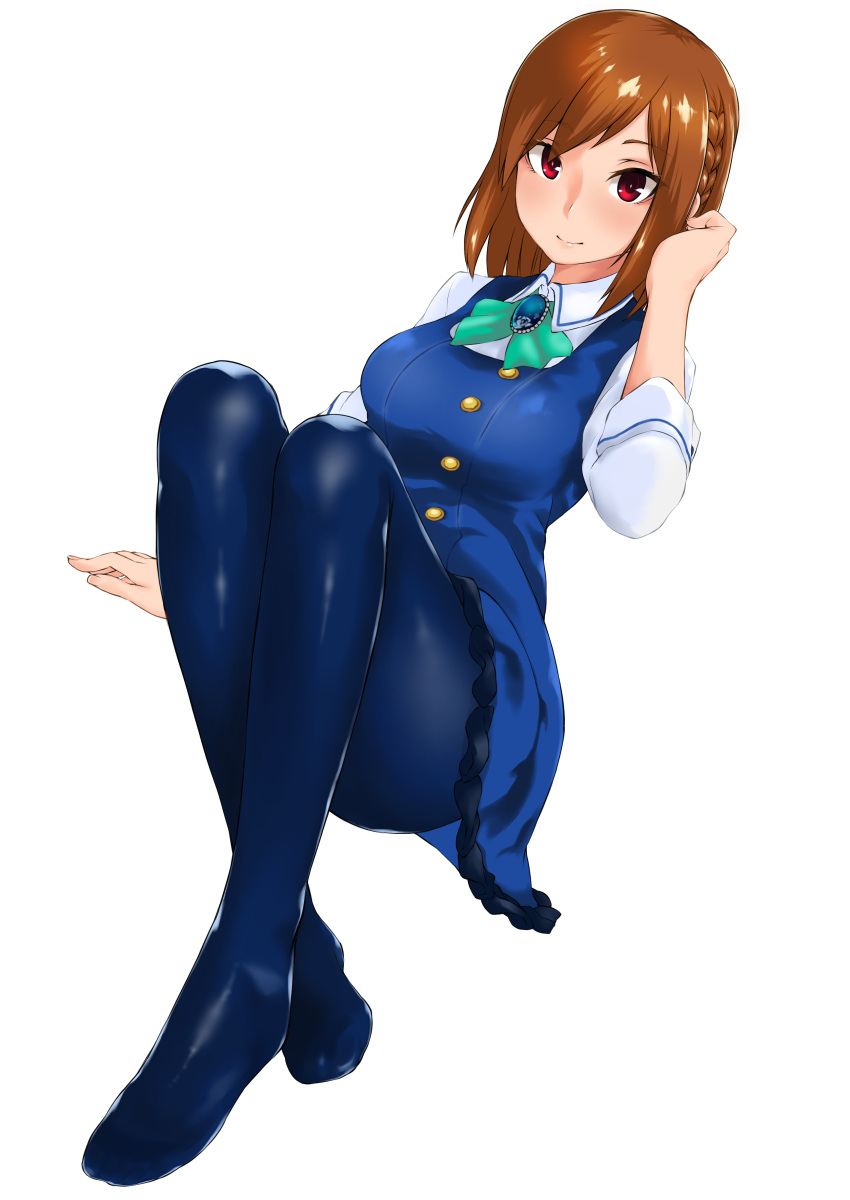 1girl absurdres alice_gear_aegis arm_support ass bangs blue_dress blue_legwear braid breasts brown_hair collared_shirt dress dress_shirt dutch_angle feet frilled_dress frills fukuinu full_body gem highres invisible_chair legs long_sleeves looking_at_viewer medium_breasts pantyhose pinafore_dress red_eyes shirt short_hair simple_background sitting smile solo sutegoro_shiina white_background white_shirt
