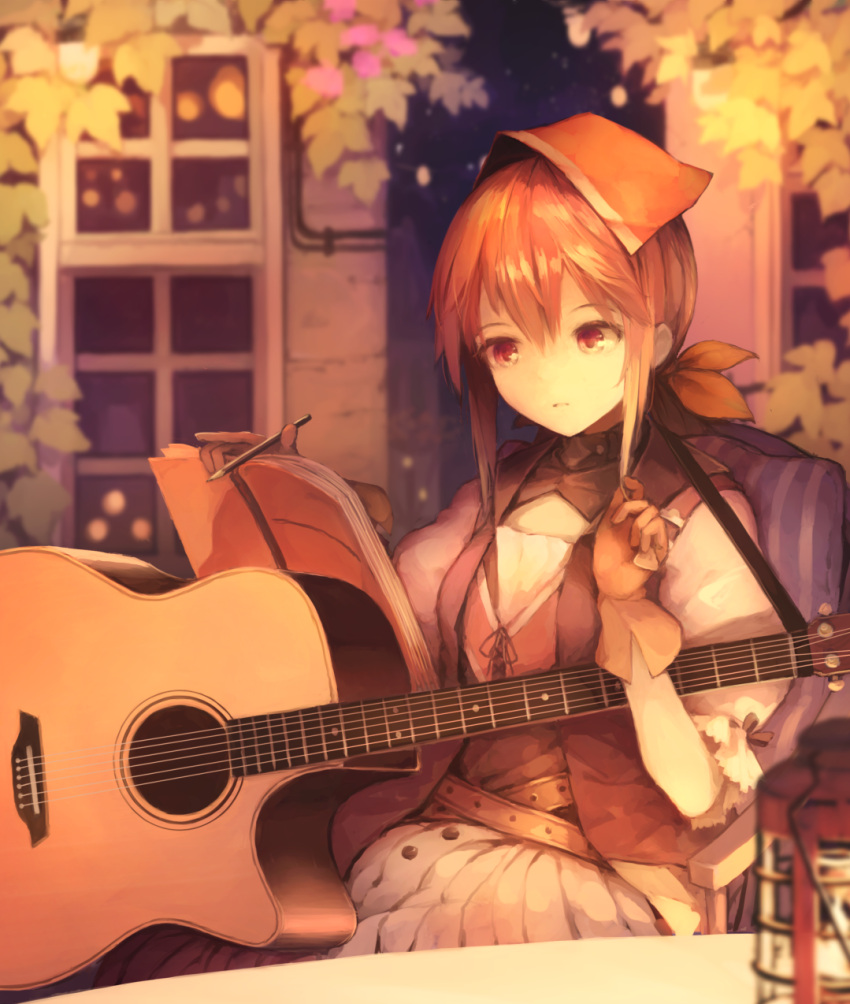1girl brown_hair commentary_request dress falcon_(girls'_frontline) girls_frontline gloves guitar hair_between_eyes head_scarf highres holding holding_notebook holding_pencil holding_plectrum instrument long_hair notebook on_chair pencil plectrum sitting solo suginakara_(user_ehfp8355)