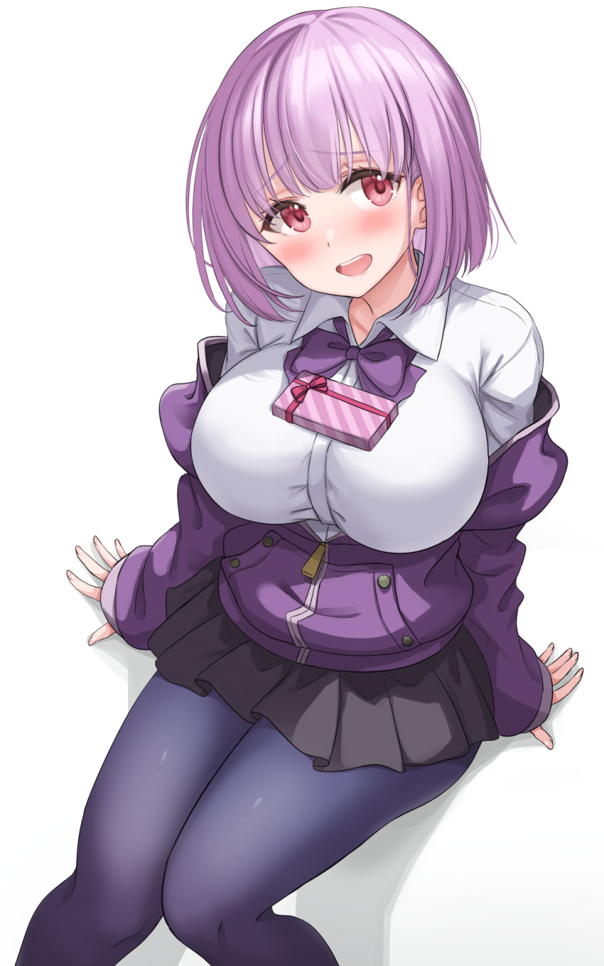 1girl :d arm_support bangs black_legwear black_skirt blush bow bowtie box breasts collared_shirt commentary_request eyebrows_visible_through_hair gift gift_box gridman_universe hair_between_eyes head_tilt highres jacket kibihimi large_breasts long_sleeves looking_at_viewer object_on_breast off_shoulder open_mouth pantyhose pink_hair pleated_skirt purple_bow purple_bowtie purple_jacket red_eyes school_uniform shadow shinjou_akane shirt short_hair sidelocks simple_background sitting skirt smile solo ssss.gridman teeth upper_teeth white_background white_shirt zipper_pull_tab