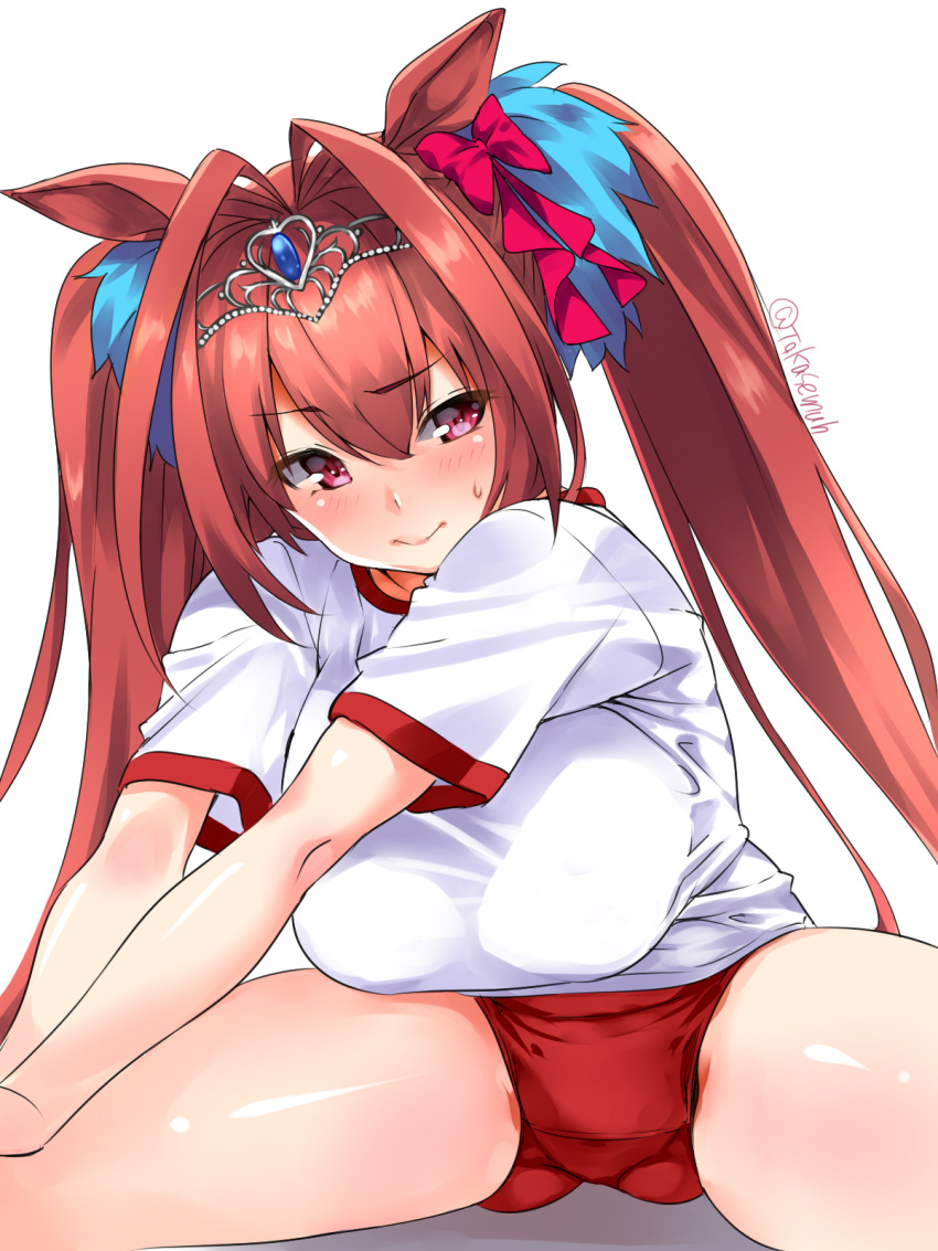 alternate_costume animal_ears blush breasts brown_hair buruma daiwa_scarlet_(umamusume) hair_ornament highres horse_ears horse_girl large_breasts looking_at_viewer red_eyes simple_background split spread_legs sweatdrop takase_muh tiara twintails twitter_username umamusume white_background