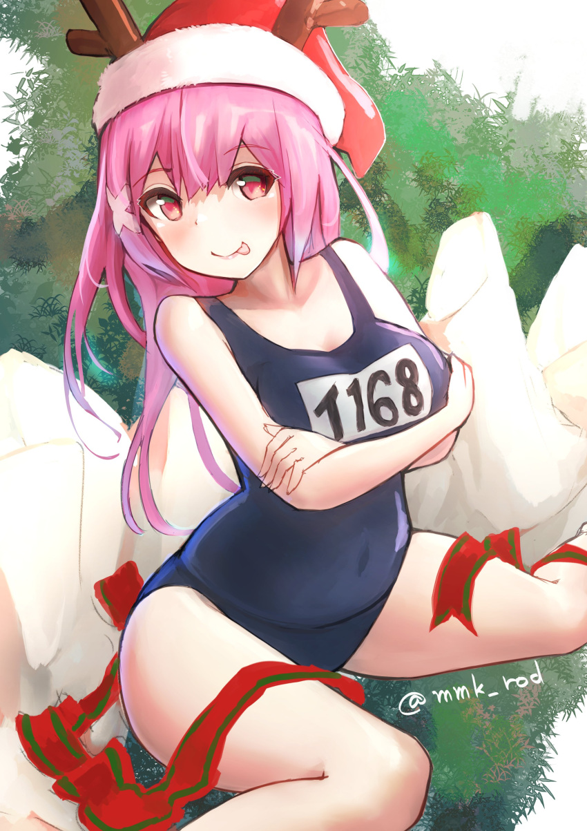 1girl absurdres antlers bare_arms bare_shoulders black_swimsuit blush christmas closed_mouth eyebrows_visible_through_hair hair_between_eyes hat highres i-168_(kancolle) kantai_collection long_hair mmk name_tag one-piece_swimsuit pink_eyes pink_hair pom_pom_(clothes) ponytail red_headwear reindeer_antlers santa_hat school_swimsuit smile solo swimsuit tongue tongue_out twitter_username