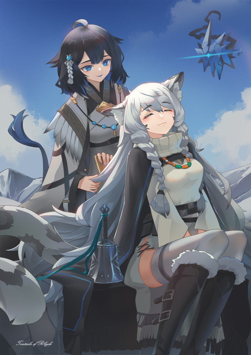 2girls :3 :p ahoge animal_ear_fluff animal_ears arknights bangs bell belt black_cape black_footwear black_hair blue_eyes blue_hair blue_nails blue_sky blush boots braid breasts bright_pupils brushing_another's_hair cape closed_eyes closed_mouth clouds creature day dress eyebrows_visible_through_hair feather_trim floating fur-trimmed_boots fur_trim grey_dress grey_legwear hair_brush hair_ornament high_collar highres jewelry kjera_(arknights) knee_boots leopard_ears leopard_girl leopard_tail long_hair long_sleeves medium_breasts multicolored_hair multiple_girls nail_polish necklace outdoors pramanix_(arknights) silver_hair sitting sky tail thigh-highs tongue tongue_out twin_braids two-tone_hair very_long_hair
