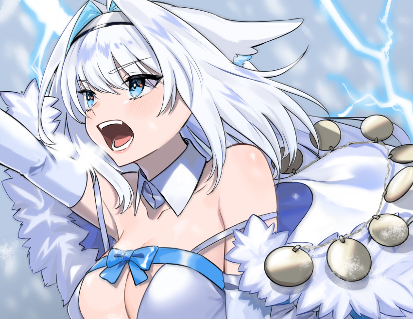 1girl absurdres animal_ears armored_boots bangs blue_bow blue_eyes blue_ribbon blush boots bow breasts brown_legwear buttons cape capelet cat_ears cat_girl cat_tail crop_top crop_top_overhang dobrynya_nikitich_(fate) dress fate/grand_order fate_(series) fur-trimmed_capelet fur-trimmed_headwear fur_trim gauntlets grey_dress hair_bow hat highres knee_boots large_breasts long_hair long_sleeves looking_at_viewer low_ponytail mace medium_breasts open_mouth pantyhose ribbon shinji_(pixiv76189105) short_dress smile solo tail thighs weapon white_cape white_capelet white_hair white_headwear
