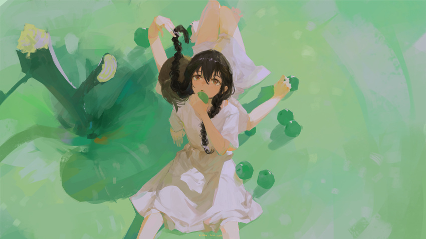 2girls apple artist_name barefoot black_hair braid brown_eyes brown_hair commentary_request dated dress food from_above fruit green_apple highres holding holding_food holding_fruit long_hair multiple_girls original oversized_food parted_lips sitting twin_braids white_dress xilmo