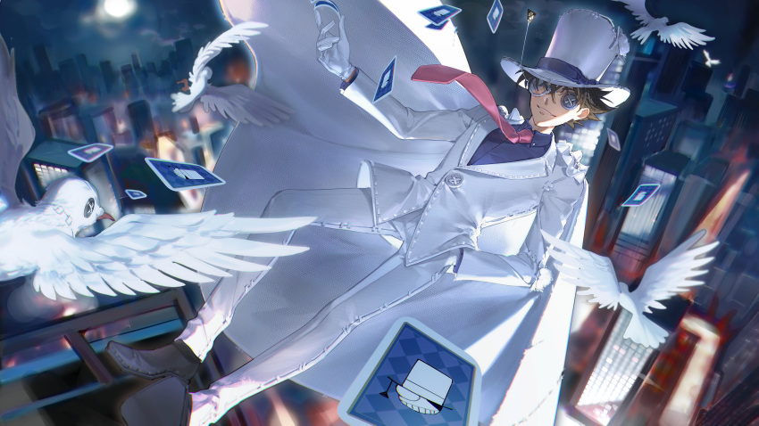 1boy absurdres bird black_footwear blue_shirt building button_eyes buttons calling_card cape card collared_shirt commentary_request dove dress_shirt falling floating_necktie formal full_moon gloves hand_in_pocket hat highres identity_v jacket kaitou_kid kiki_(re_6xxx) long_sleeves magic_kaito male_focus meitantei_conan midair monocle monocle_chain moon necktie night night_sky official_art outdoors pants parted_lips playing_card red_necktie shirt shoes sky skyscraper smile solo stuffing suit top_hat torn_clothes torn_hat torn_jacket white_cape white_gloves white_headwear white_jacket white_pants white_suit