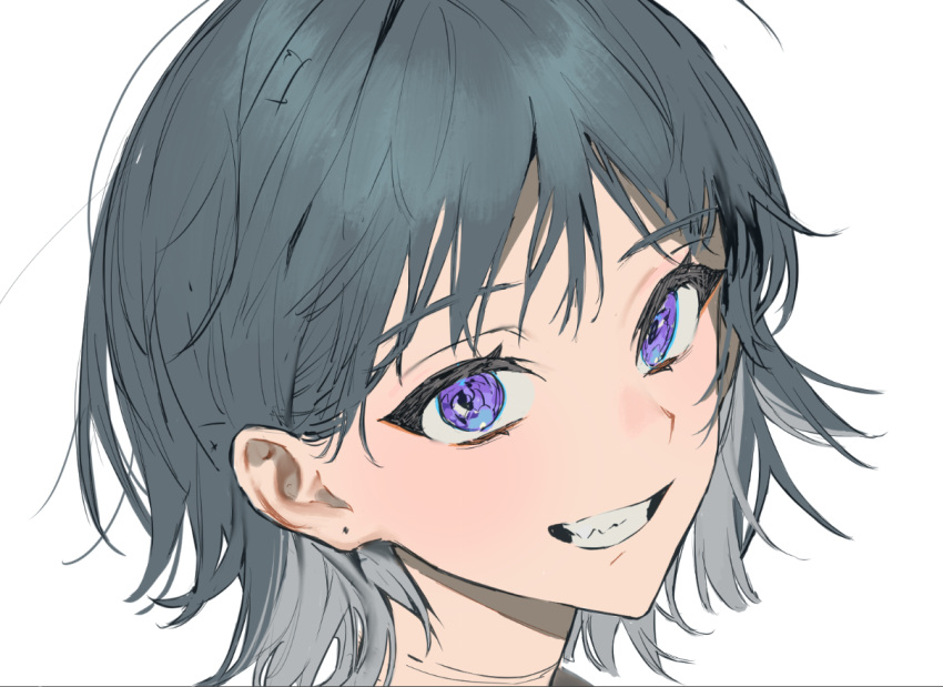 1girl commentary_request eyebrows_visible_through_hair face grey_hair grin looking_at_viewer original piercing_hole portrait short_hair simple_background smile solo torino_kawazu violet_eyes white_background