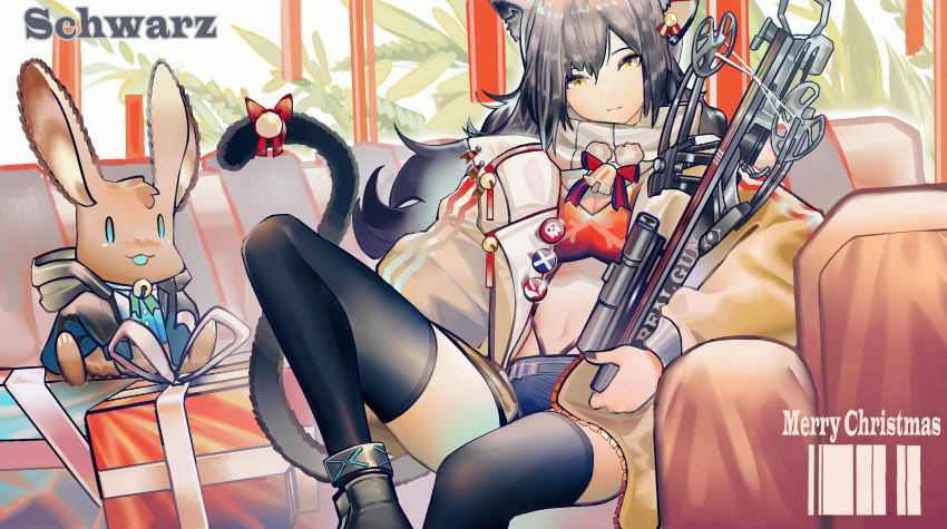 1girl animal_ears arknights badge bell black_legwear bow brown_jacket button_badge cat_ears cat_tail character_name christmas closed_mouth commentary crop_top crossbow grey_hair highres holding holding_crossbow holding_weapon infection_monitor_(arknights) jacket long_hair long_sleeves looking_at_viewer midriff navel neck_bell noco_(pixiv14976070) official_alternate_costume red_bow red_shirt scarf schwarz_(arknights) schwarz_(presents)_(arknights) shirt sitting solo stuffed_animal stuffed_bunny stuffed_toy tail tail_bow tail_ornament thigh-highs thighs weapon white_scarf yellow_eyes