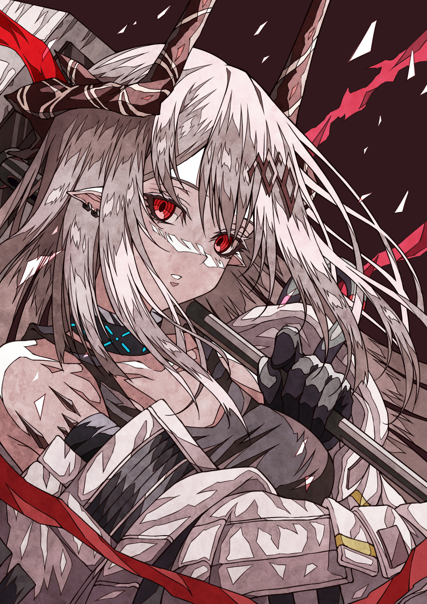 1girl absurdres arknights bare_shoulders black_background black_gloves breasts collar ear_piercing eyebrows_behind_hair gloves hair_ornament hammer highres holding holding_hammer holding_weapon horns infection_monitor_(arknights) large_breasts long_hair long_sleeves looking_at_viewer mudrock_(arknights) open_clothes oripathy_lesion_(arknights) parted_lips piercing pointy_ears red_eyes shokikanes simple_background solo tank_top upper_body very_long_hair weapon