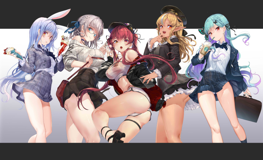 5girls absurdres akasaai animal_ears ass bag bangs bikini bikini_under_clothes black_headwear black_jacket blonde_hair blue_bow blue_bowtie blue_eyes blue_hair blue_jacket blue_nails blue_skirt bow bowtie breasts brown_jacket brown_skirt butterfly_hair_ornament candy closed_mouth collared_shirt colored_inner_hair commentary crepe cup dark-skinned_female dark_skin disposable_cup dress earrings elf english_commentary eyebrows_visible_through_hair food food_on_face green_hair green_nails grey_jacket grey_skirt hair_behind_ear hair_ornament hair_ribbon hat heart heart_earrings heterochromia highres holding holding_bag holding_candy holding_cup holding_food holding_lollipop hololive hololive_fantasy houshou_marine jacket jewelry large_breasts lollipop long_hair long_sleeves looking_at_viewer multicolored_hair multiple_girls nail_polish off_shoulder one_eye_closed open_clothes open_jacket panties parted_lips plaid plaid_skirt pointy_ears purple_hair rabbit_ears rabbit_girl rabbit_tail red_bikini red_eyes redhead ribbon sailor_collar shiranui_flare shirogane_noel shirt short_hair short_shorts shorts silver_hair simple_background skirt smile standing streaked_hair striped striped_dress sweater swimsuit tail thigh_strap tongue tongue_out underwear uruha_rushia usada_pekora vertical-striped_dress vertical_stripes very_long_hair white_hair white_panties white_sailor_collar white_shirt white_shorts white_sweater yellow_eyes