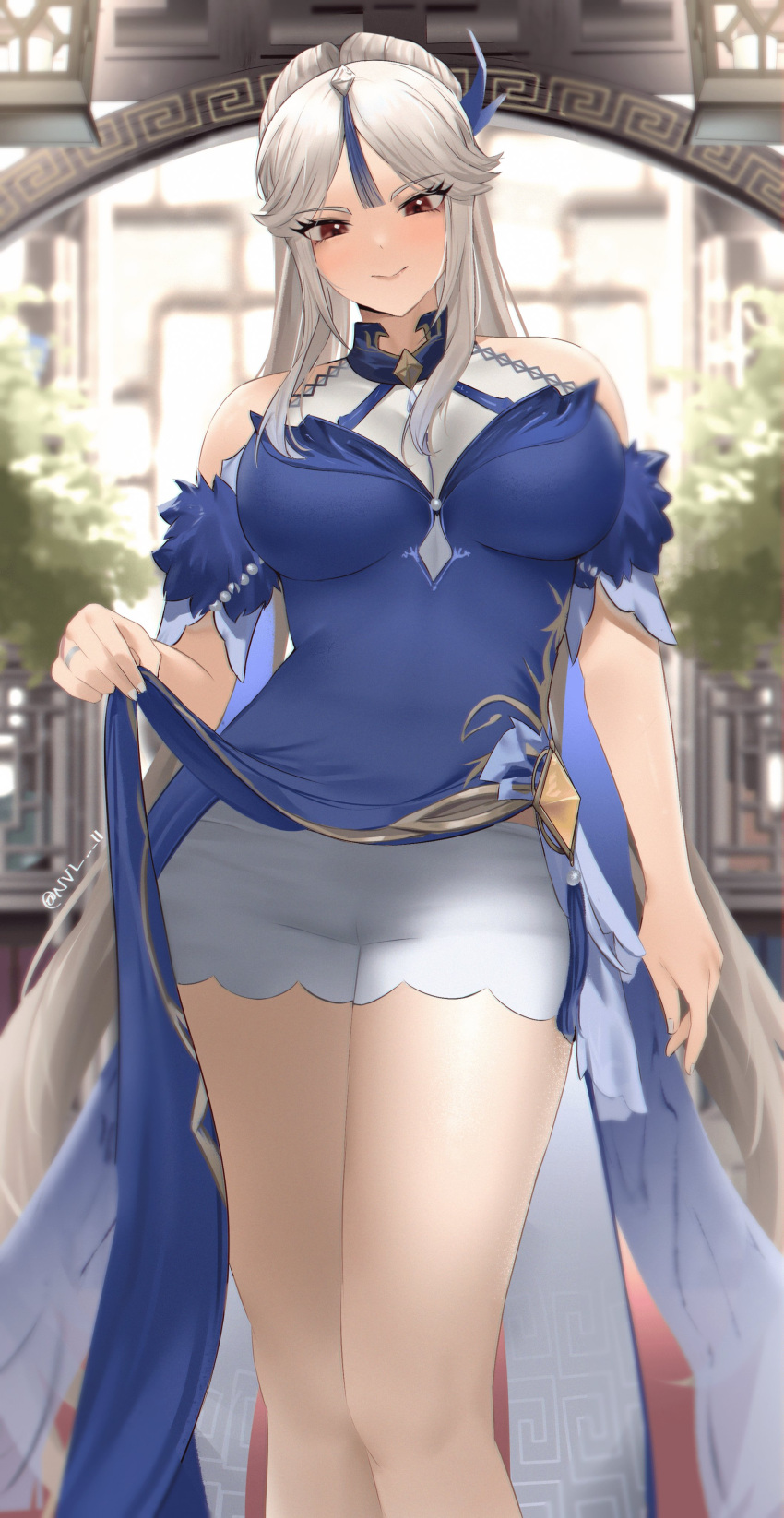 1girl absurdres bangs blonde_hair blue_dress breasts brown_eyes commentary_request dress eyebrows_visible_through_hair eyelashes formal genshin_impact hair_ornament highres large_breasts long_hair looking_at_viewer ningguang_(genshin_impact) nvl solo thighs tied_hair