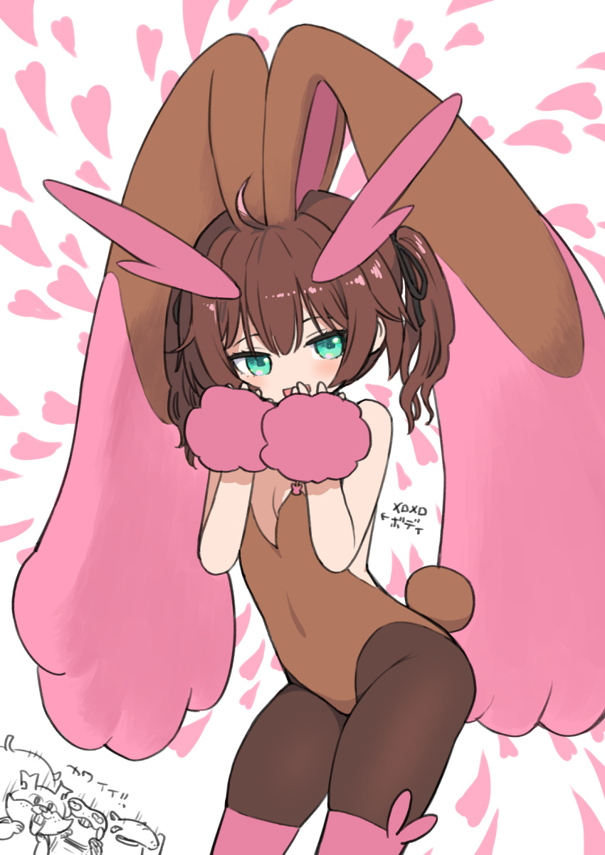 1girl animal_ears bare_arms bare_shoulders black_ribbon blush breasts brown_hair brown_legwear brown_leotard character_request cosplay drowzee green_eyes hair_ribbon hands_up heart highres hololive large_ears leotard looking_at_viewer lopunny lopunny_(cosplay) medium_hair natsuiro_matsuri pantyhose pink_legwear pokemon pokemon_(creature) rabbit_ears ribbon sabaku_chitai small_breasts smile solo standing thigh-highs two_side_up wristband