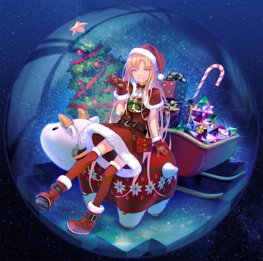1girl bag belt blonde_hair boots bull candy candy_cane christmas_tree europa_(fate) fate/grand_order fate_(series) food gloves handbag hat highres long_hair red_gloves redjuice saint_quartz_(fate) santa_dress santa_hat sleigh starry_background thigh-highs violet_eyes