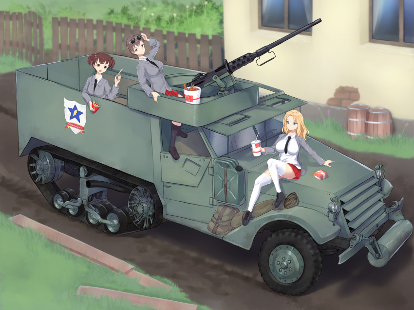 3girls adjusting_eyewear alisa_(girls_und_panzer) arm_up bangs black_footwear blazer blonde_hair blouse blue_eyes blue_footwear brown_eyes brown_hair browning_m2 building closed_mouth collared_blouse commentary cup day dirt_road disposable_cup dress_shirt emblem english_text eyewear_on_head fence food french_fries girls_und_panzer grass grey_jacket grey_legwear ground_vehicle hair_intakes hair_ornament half-track highres holding holding_cup holding_food jacket kay_(girls_und_panzer) kfc knee_up kneehighs loafers long_hair long_sleeves looking_at_another looking_back m3_half-track mcdonald's military military_vehicle miniskirt motor_vehicle multiple_girls naomi_(girls_und_panzer) necktie on_vehicle open_clothes open_jacket open_mouth outdoors pleated_skirt red_skirt road saunders_(emblem) saunders_school_uniform school_uniform shirt shoes short_hair short_twintails sitting skirt sleeves_rolled_up smile socks star_(symbol) star_hair_ornament sunglasses thigh-highs twintails very_short_hair warmcummies white_blouse white_legwear white_shirt wing_collar wooden_fence