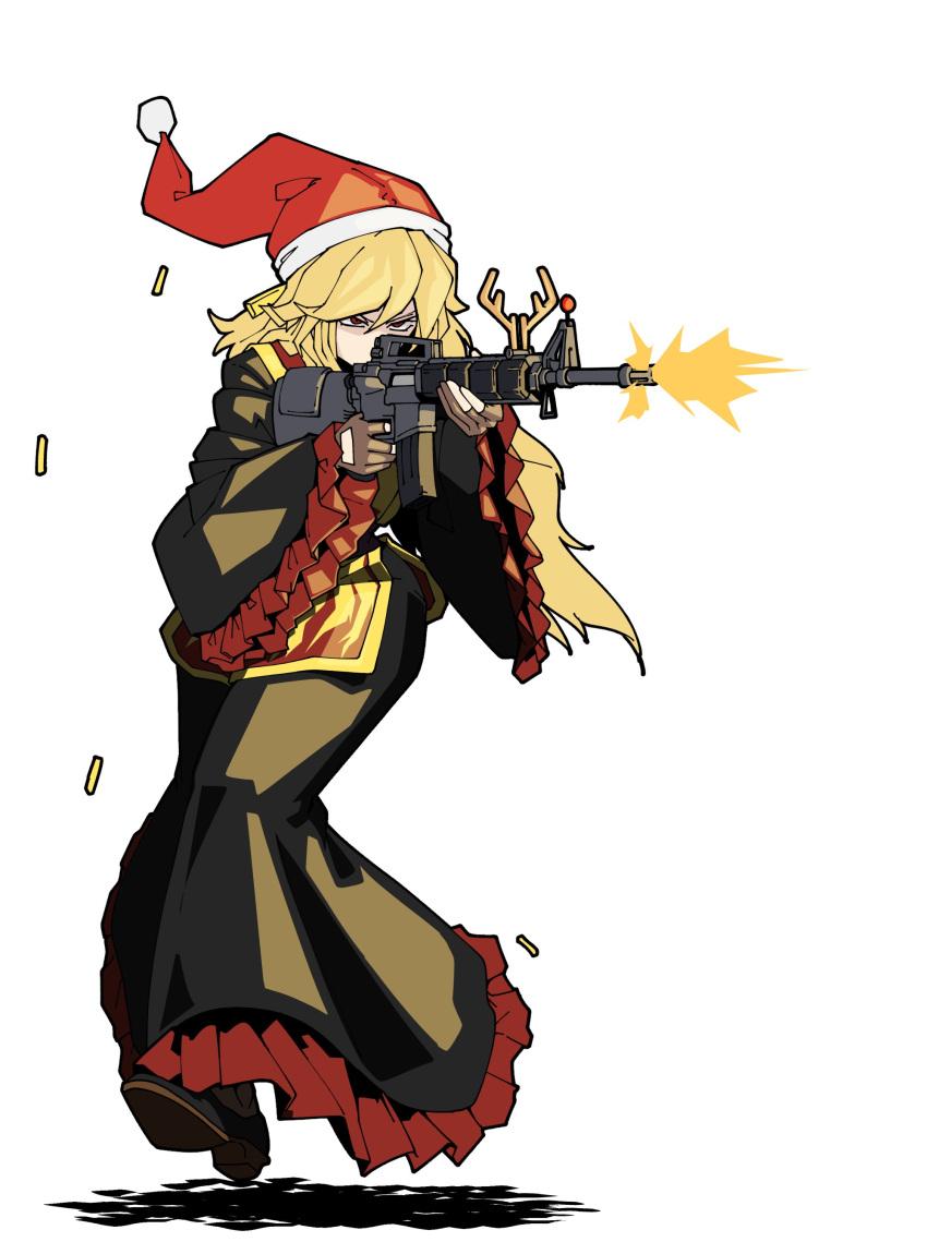 1girl absurdres antlers bangs blonde_hair bow bowtie breasts brown_gloves bullet chinese_clothes fingerless_gloves firing fox_print frilled_sleeves frills fur-trimmed_headwear gloves gold_trim gun hair_between_eyes hat high_heels highres holding holding_gun holding_weapon junko_(touhou) kikoka_(mizuumi) large_breasts long_hair long_sleeves looking_to_the_side neck_ribbon obi outstretched_arms phoenix_crown red_eyes red_headwear reindeer_antlers ribbon rifle santa_hat sash shell smile solo standing tabard tassel touhou weapon wide_sleeves yellow_bow yellow_bowtie yellow_ribbon