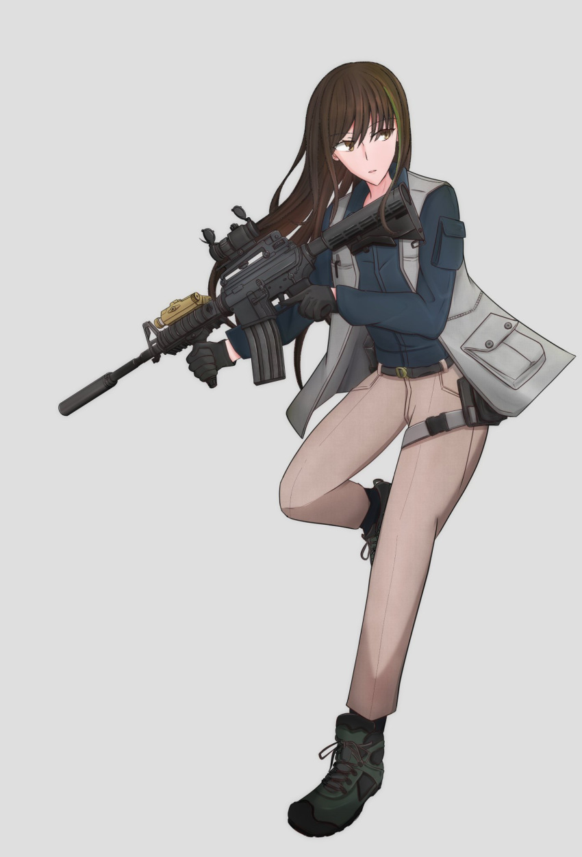 1girl absurdres black_gloves black_shorts breasts brown_eyes brown_hair closed_mouth eyebrows_visible_through_hair feet_out_of_frame girls_frontline gloves green_shirt grey_background hand_on_back hand_on_breast highres long_hair looking_at_viewer m4a1_(girls_frontline) medium_breasts multicolored_hair navel open_clothes open_shorts shirt shorts solo sue_(pixiv12004426)