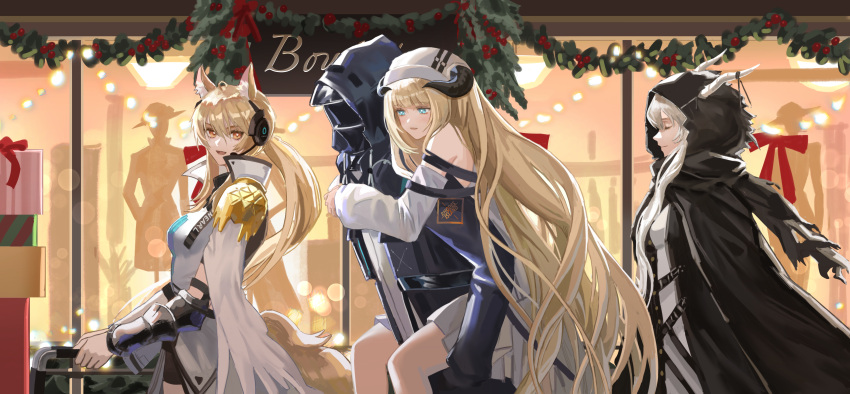 1other 3girls :d absurdres animal_ears arknights arm_guards backlighting bangs bare_shoulders black_coat blonde_hair blue_eyes blunt_bangs blush breasts cape carrying character_name cloak closed_eyes closed_mouth clothes_writing coat detached_sleeves doctor_(arknights) dress eyebrows_visible_through_hair from_side hasegawamorito hat highres hood hooded_cloak hooded_coat horns horns_through_headwear horse_ears horse_girl horse_tail long_hair long_sleeves looking_at_viewer low_ponytail mask medium_breasts multiple_girls nearl_(arknights) night nightingale_(arknights) open_clothes open_coat open_mouth orange_eyes outdoors piggyback profile shining_(arknights) silver_hair smile storefront strapless strapless_dress tail very_long_hair white_cape white_dress white_headwear