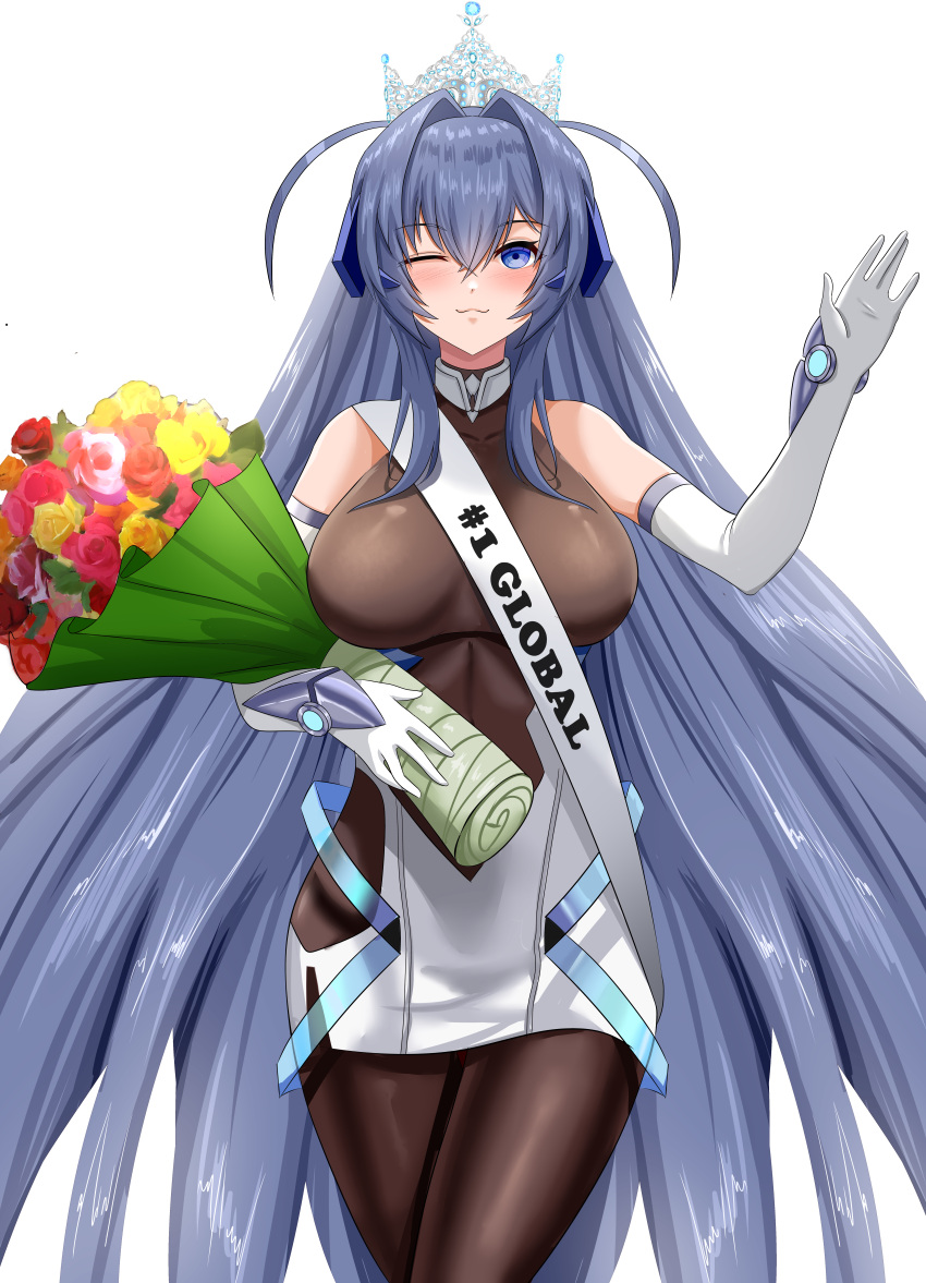 1girl ;3 absurdres ahoge arm_support azur_lane bangs bare_shoulders blue_eyes blue_hair blush bodystocking bouquet breasts commission covered_collarbone cowboy_shot crown dress elbow_gloves english_commentary eyebrows_visible_through_hair gloves hair_between_eyes hair_intakes headgear highres holding holding_bouquet large_breasts long_hair looking_at_viewer new_jersey_(azur_lane) one_eye_closed sash second-party_source side_cutout sidelocks simple_background smile solo standing toy_bits vambraces very_long_hair white_background white_dress white_gloves