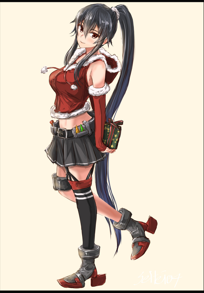 1girl belt belt_buckle black_belt black_hair black_legwear box breasts brown_eyes buckle closed_mouth full_body gift gift_box grey_skirt highres holding holding_gift kantai_collection large_breasts long_hair party_popper pleated_skirt ponytail remodel_(kantai_collection) rudder_footwear santa_costume seitei_(04seitei) signature simple_background single_thighhigh skirt smile solo standing standing_on_one_leg thigh-highs twitter_username very_long_hair yahagi_(kancolle) yellow_background