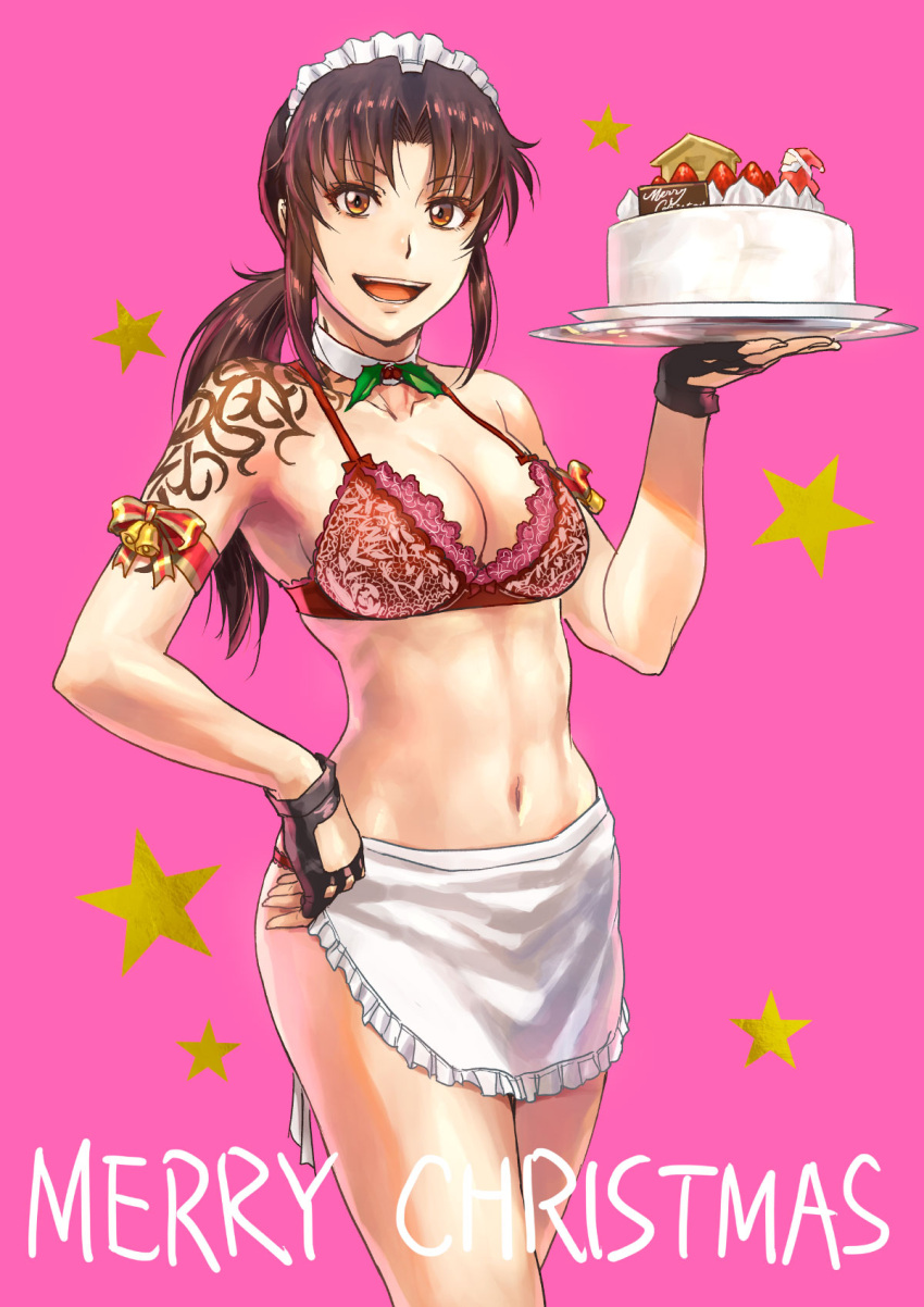 1girl apron armband azasuke bell bikini black_lagoon bow bra breasts brown_eyes brown_hair cake choker christmas cleavage commentary_request cowboy_shot english_text eyebrows_visible_through_hair feet_out_of_frame female fingerless_gloves food gloves highres holding holding_cake holding_food long_hair looking_at_viewer maid maid_apron maid_bikini maid_headdress medium_breasts merry_christmas midriff navel open_mouth panties parted_bangs pink_background ponytail revy_(black_lagoon) shoulder_tattoo simple_background solo standing swimsuit tattoo teeth tongue tray tribal_tattoo underwear