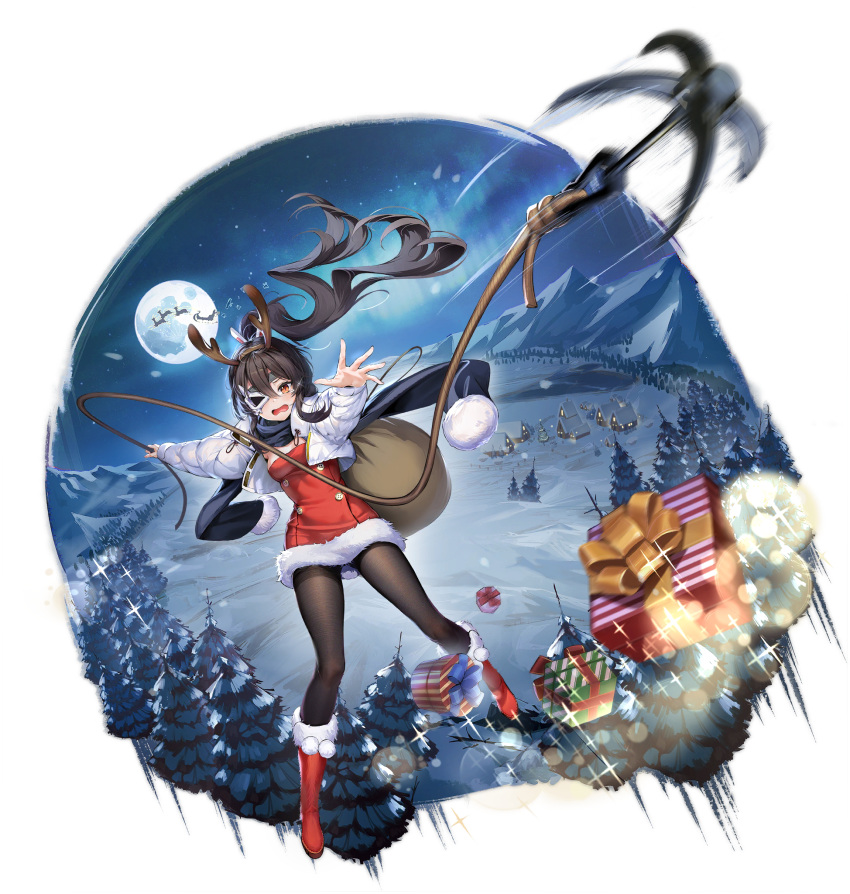 1girl akatsuki_(azur_lane) akatsuki_(santa's_lost_helper!)_(azur_lane) azur_lane black_hair black_legwear boots fur_trim hair_ornament highres horns long_hair looking_at_viewer mask moon official_alternate_costume official_art one_eye_covered ootsuki_momiji open_mouth outdoors pantyhose ponytail red_footwear santa_costume transparent_background