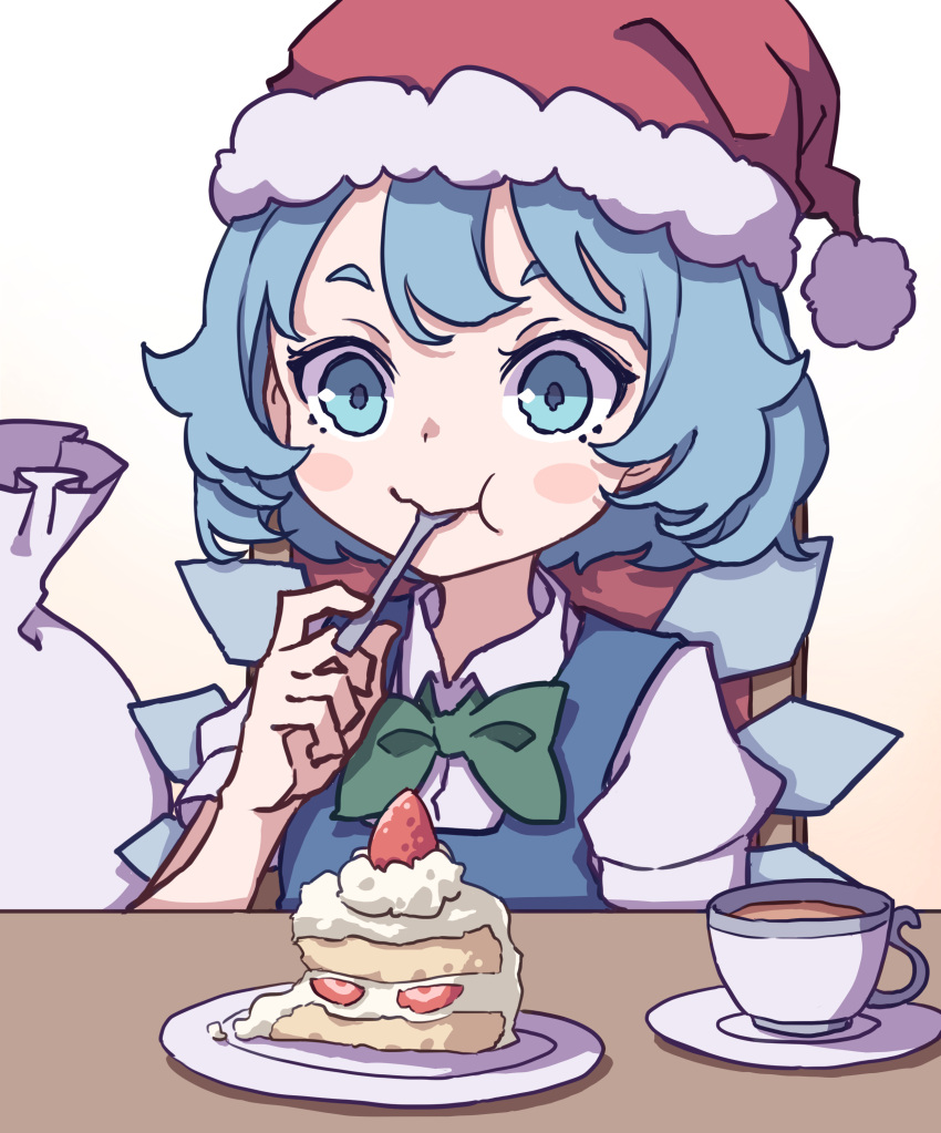 1girl absurdres bangs blue_dress blue_eyes blue_hair blush_stickers bow bowtie cake chair cirno coffee coffee_cup collared_shirt cup dishes disposable_cup dress eating flat_chest food fork fruit gradient gradient_background green_bow green_bowtie hat highres ice ice_wings kame_(kamepan44231) pinafore_dress sack santa_hat shirt short_hair simple_background sitting smile solo strawberry table touhou white_background white_shirt wings