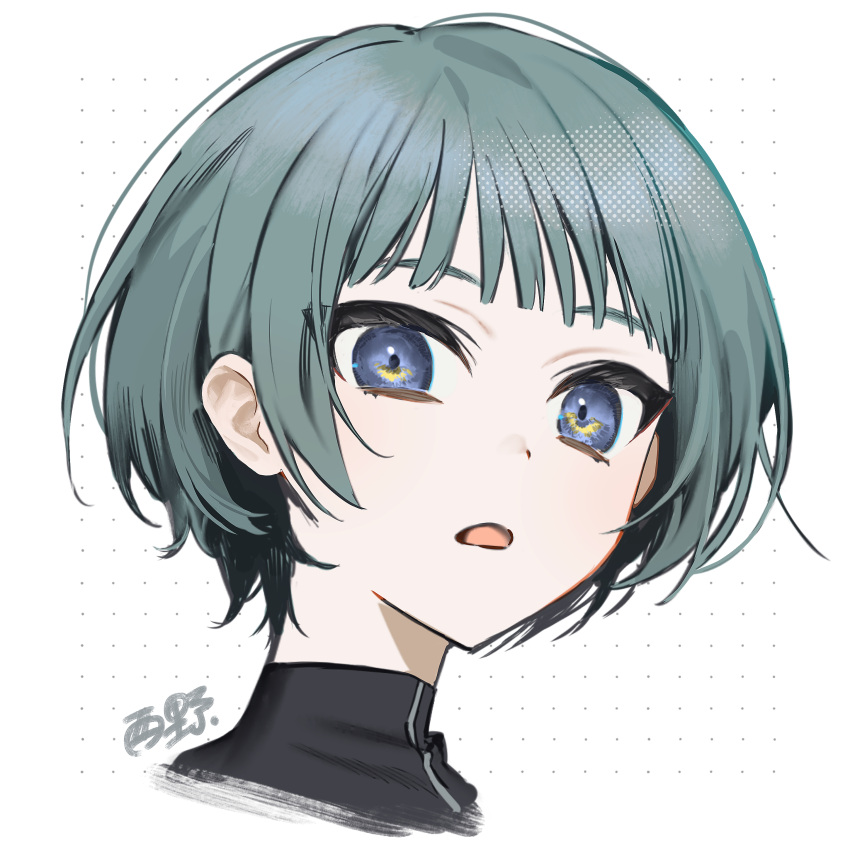 1girl absurdres blue_eyes commentary_request dotted_background face green_hair highres original parted_lips portrait short_hair signature solo torino_kawazu white_background