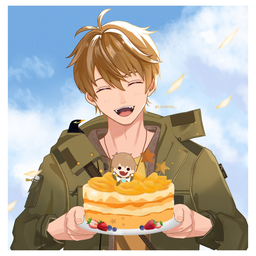 1boy :d absurdres bangs blue_sky brown_hair cake closed_eyes clouds cloudy_sky food fruit green_jacket highres holding holding_plate jacket jewelry louwina luke_pearce_(tears_of_themis) necklace open_clothes open_jacket open_mouth plate shirt short_hair sky smile solo strawberry tears_of_themis teeth yellow_shirt