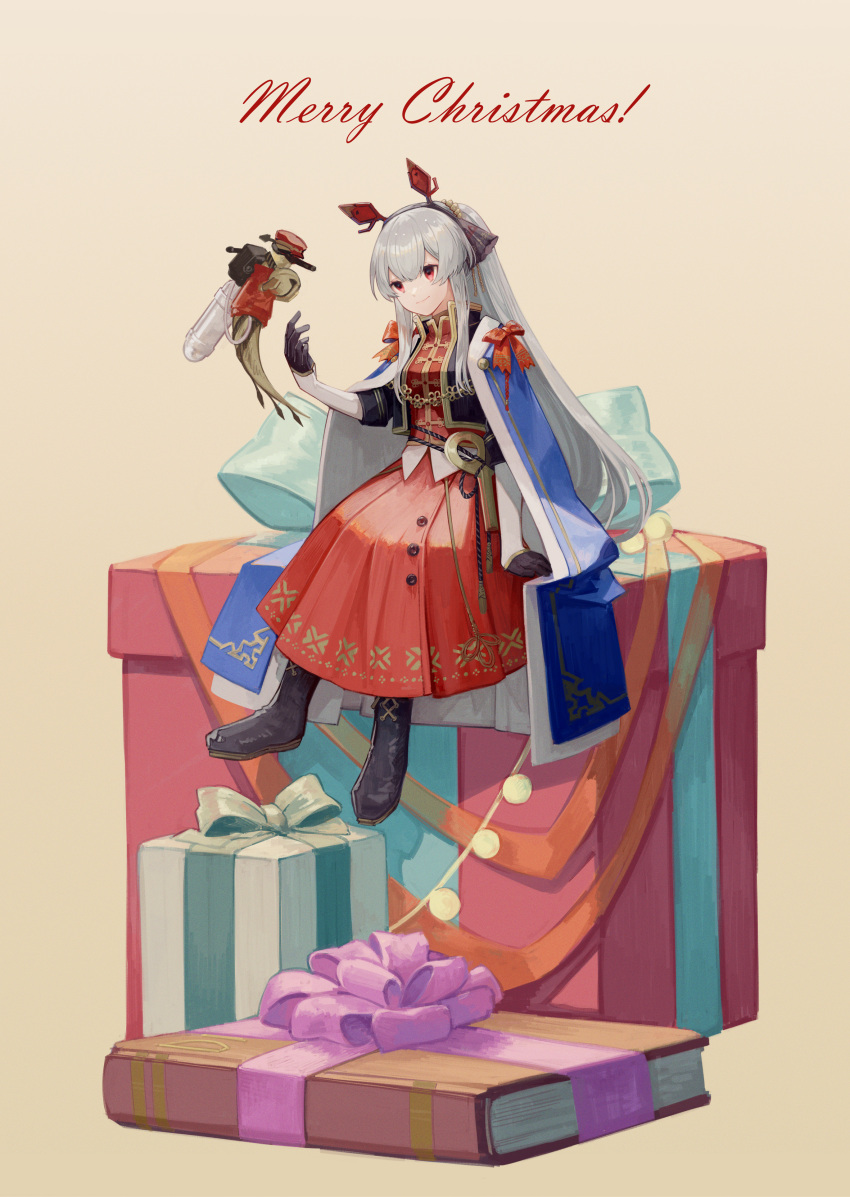 1girl absurdres animal_ears arknights bell black_footwear black_gloves black_hairband black_jacket blue_cape book boots bow box cape closed_mouth cropped_jacket crossed_legs dress floating full_body gift gift_box gloves gradient gradient_background hairband highres jacket jingle_bell knee_boots leaf_(arknights) long_hair merry_christmas miike_(992058) minigirl official_alternate_costume open_clothes open_jacket oxygen_tank red_bow red_dress red_eyes seahorse silver_hair sitting smile very_long_hair weedy_(arknights) weedy_(candy_cape)_(arknights) yellow_background