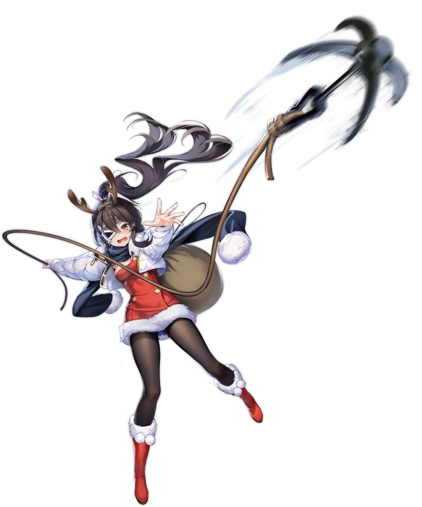 1girl akatsuki_(azur_lane) akatsuki_(santa's_lost_helper!)_(azur_lane) azur_lane black_hair black_legwear boots fur_trim hair_ornament highres horns long_hair looking_at_viewer mask official_alternate_costume official_art one_eye_covered ootsuki_momiji open_mouth pantyhose ponytail red_footwear santa_costume transparent_background