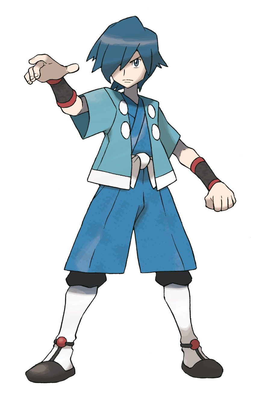 blue_eyes blue_hair fist hayato_(pokemon) highres nintendo official_art pokemon short_hair simple_background solo