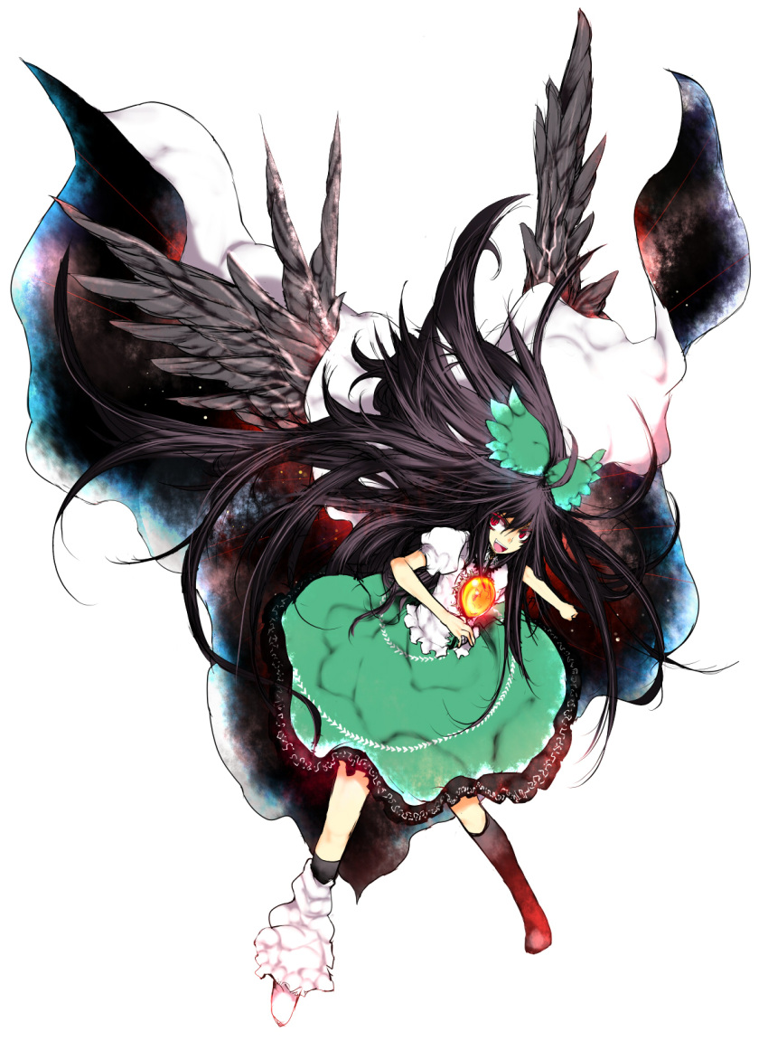 asymmetrical_clothes black_hair bow cape glowing_eye hair_bow highres large_wings long_hair mismatched_footwear red_eyes reiuji_utsuho solo touhou wings