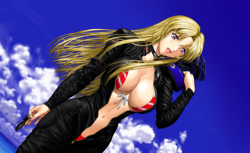 bikesuit bikini blonde_hair bodysuit breasts choker cleavage clouds dutch_angle front-tie_top helmet keychain large_breasts long_hair navel open_clothes outdoors sky solo swimsuit swimsuit_under_clothes unzipped violet_eyes water yumenosuke