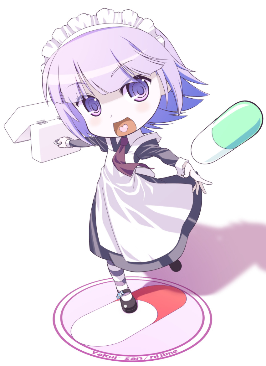:d chibi futaba_channel hatuka heart heart_in_mouth highres maid maid_headdress nijiura_maids open_mouth pill purple_eyes purple_hair ringed_eyes shadow smile solo striped yakui