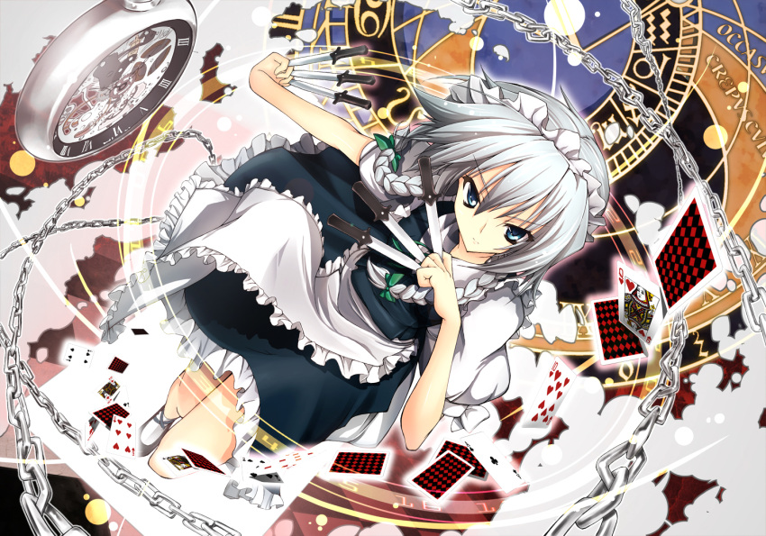 blue_eyes braid card card_with_aura chain chains clock floating_card izayoi_sakuya knife maid maid_headdress pocket_watch serious short_hair silver_hair sukuna_(artist) touhou twin_braids watch zodiac