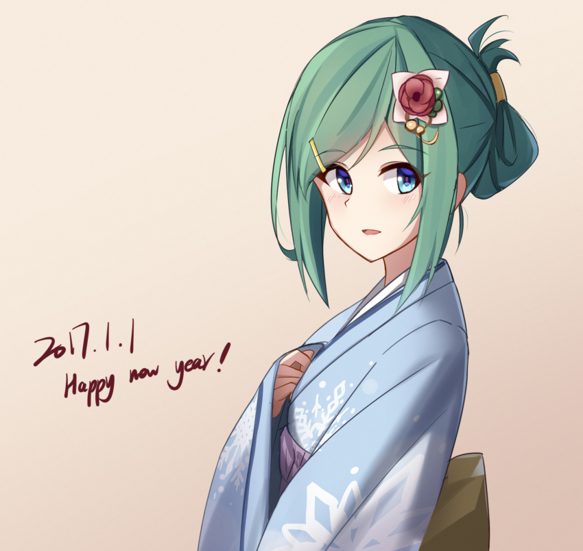 1girl arnold-s blue_eyes blush dated eyebrows_visible_through_hair flower green_hair hair_flower hair_ornament hair_up hairclip happy_new_year highres japanese_clothes keller_enasa kimono looking_at_viewer nengajou new_year original parted_lips smile solo upper_body