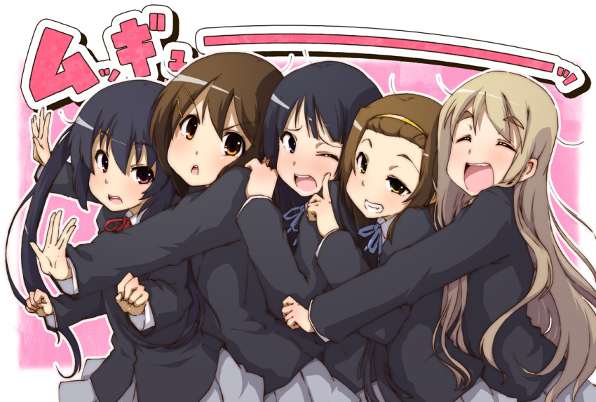 black_eyes black_hair blonde_hair brown_eyes brown_hair closed_eyes hirasawa_yui k-on! kotobuki_tsumugi long_hair nakano_azusa paprika_(artist) queue school_uniform short_hair tainaka_ritsu twintails vulcan_salute wink