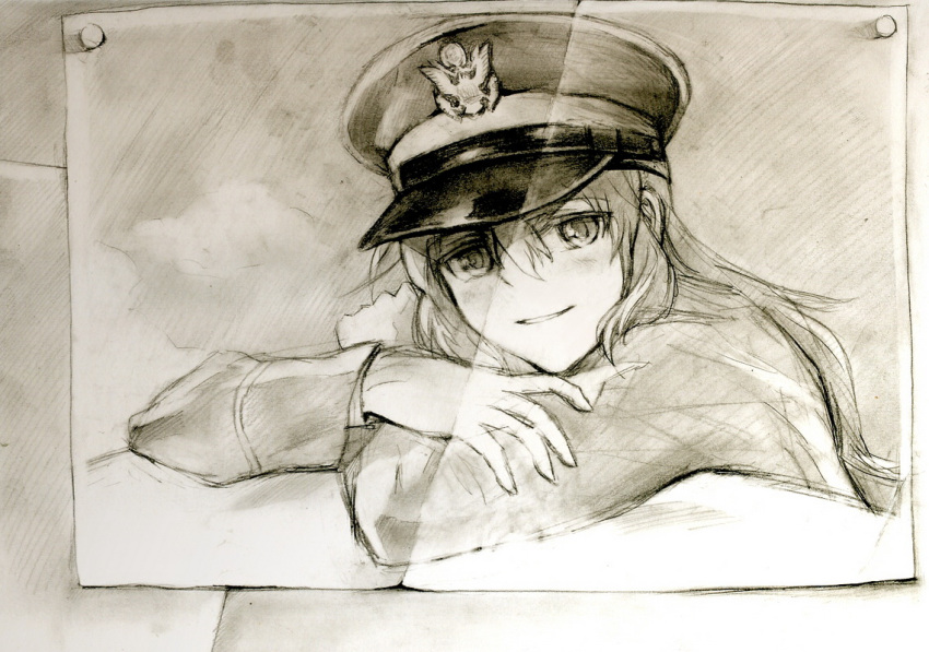 charlotte_e_yeager crossed_arms hat kisetsu monochrome photo photo_(object) pins sepia sketch smile strike_witches traditional_media uniform