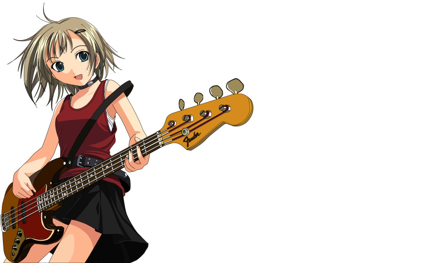 absurdres bass_guitar belt blue_eyes brown_hair choker highres honda_naoki instrument music short_hair skirt vector_trace