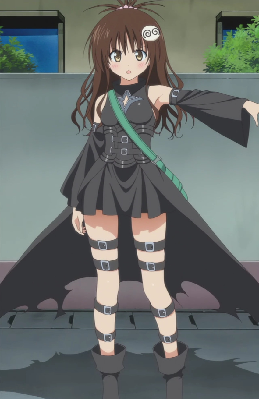 blush brown_hair cap cosplay detached_sleeves highres konjiki_no_yami konjiki_no_yami_(cosplay) long_hair outstretched_arm outstretched_hand screencap solo stitched thigh_strap to_love-ru toloveru yuuki_mikan