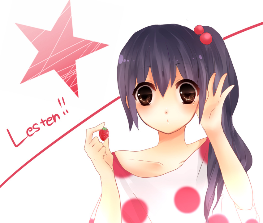 brown_eyes food fruit holding holding_fruit iruka k-on! listen!! long_hair nakano_azusa narumi_iruka polka_dot side_ponytail solo strawberry typo