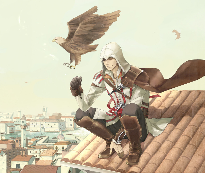 assassin's_creed_ii bird cape cityscape eagle ezio_auditore_da_firenze gloves hood scenery sen_nai smile tower