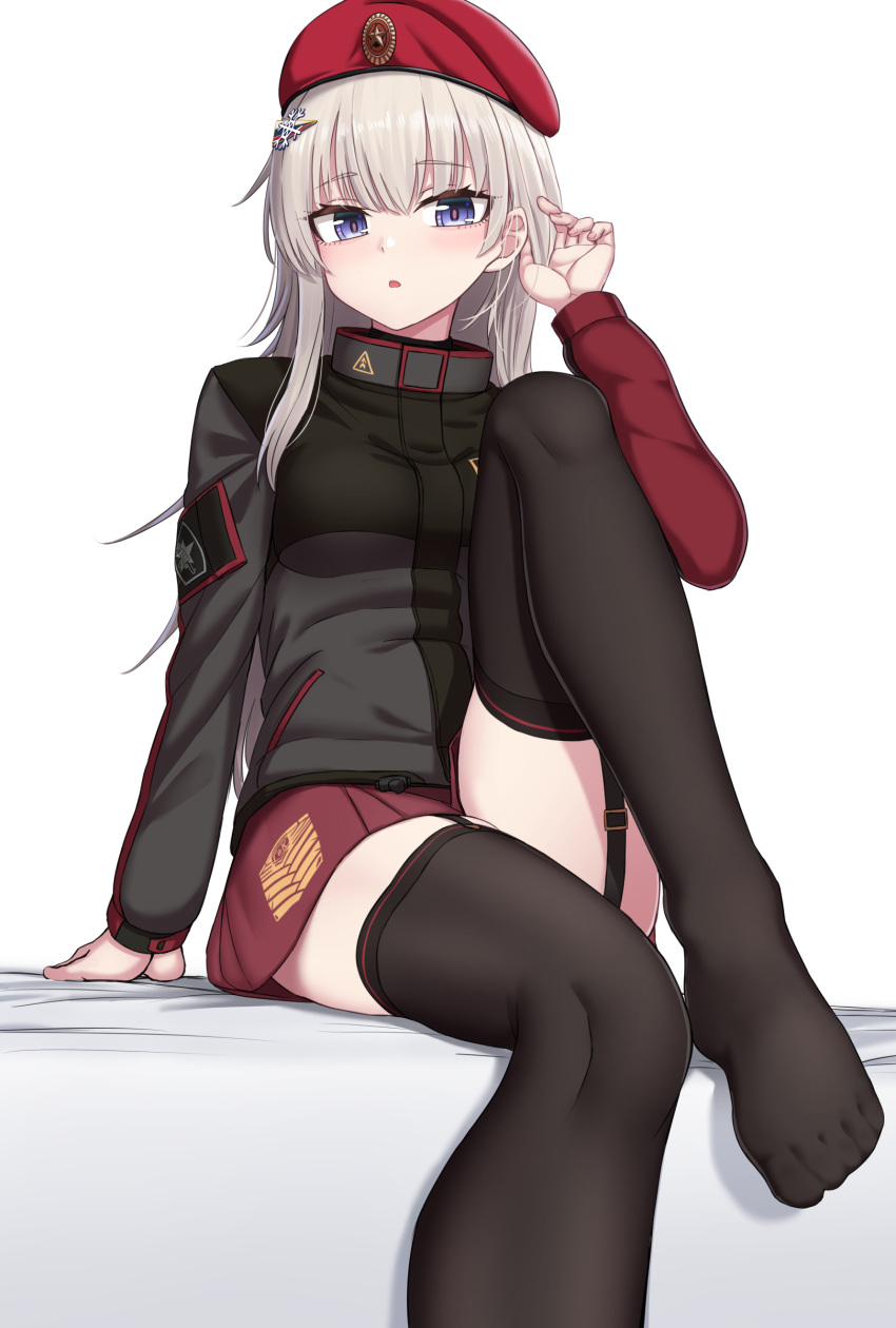 1girl absurdres ak74m_(girls'_frontline) arm_support bangs beret black_jacket black_legwear blue_eyes breasts eyebrows_visible_through_hair garter_straps girls_frontline hair_ornament hat highres jacket long_sleeves looking_at_viewer no_shoes red_headwear red_skirt simple_background sitting skirt snowflake_hair_ornament solo thigh-highs yakob_labo