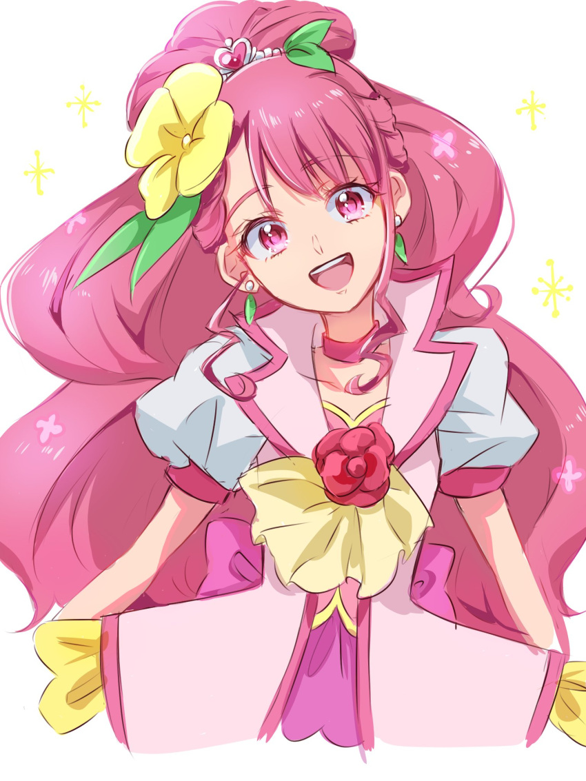 1girl :d choker commentary_request cure_grace dress earrings eyelashes flower fpminnie1 hair_bun hair_flower hair_ornament hanadera_nodoka healin'_good_precure heart heart_hair_ornament highres jewelry leaf_earrings long_hair looking_at_viewer magical_girl open_mouth pink_choker pink_eyes pink_hair pink_theme precure puffy_short_sleeves puffy_sleeves short_sleeves simple_background sketch smile solo upper_body white_background