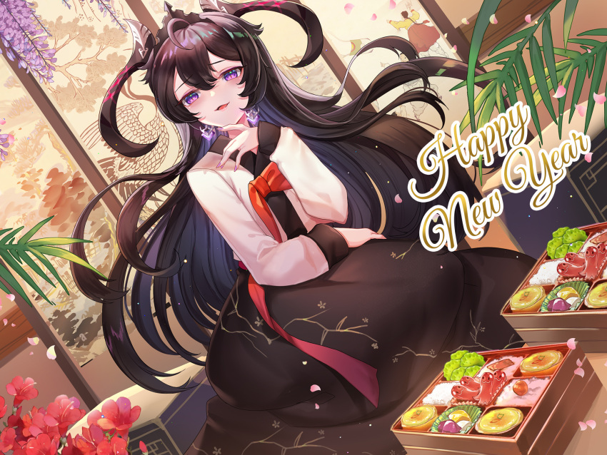 1girl ahoge bento black_hair earrings epic_seven flower food food_art hair_ornament hanbok hanh_chu_(r_a) happy_new_year highres jewelry korean_clothes long_hair new_year open_mouth paper_wall petals purple_nails red_flower solo specter_tenebria_(dark_tyrant)_(epic_seven) specter_tenebria_(epic_seven) tako-san_wiener tenebria_(epic_seven) violet_eyes wisteria