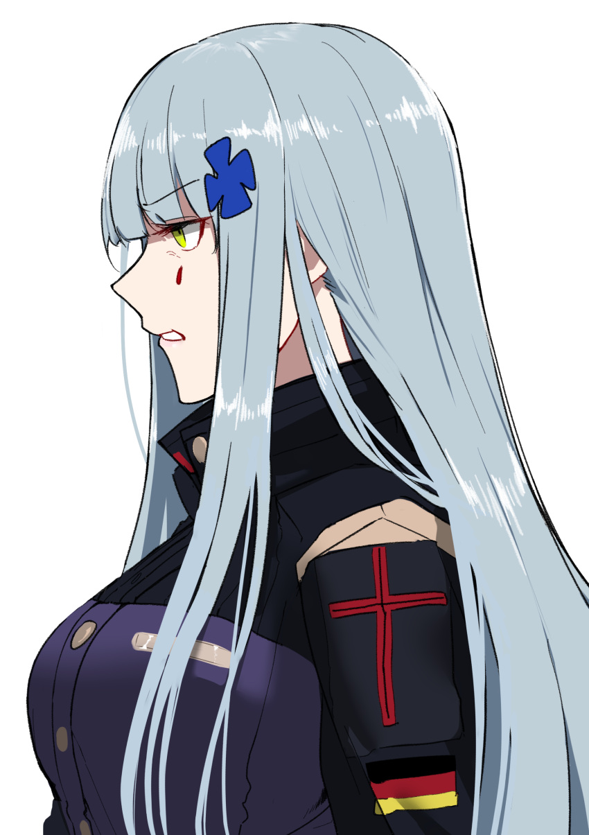 1girl absurdres angry bangs blue_hair breasts commentary_request eyebrows_visible_through_hair facial_mark from_side german_flag girls_frontline green_eyes gwangvt highres hk416_(girls'_frontline) korean_commentary large_breasts long_hair profile scowl sidelocks simple_background solo upper_body white_background