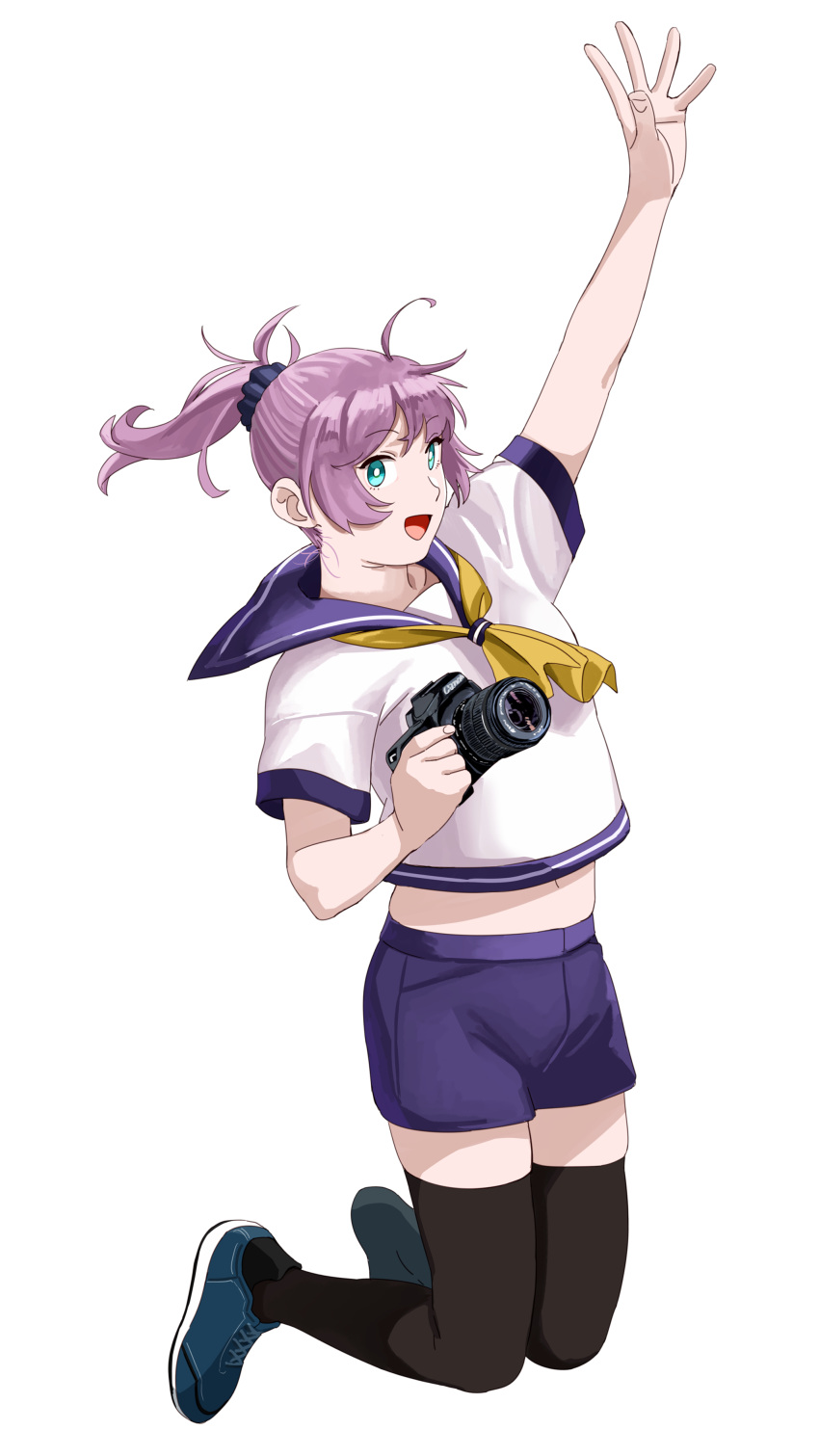 1girl absurdres aoba_(kancolle) arm_up black_legwear blue_eyes blue_scrunchie camera commentary_request full_body highres holding holding_camera kantai_collection ojipon open_mouth ponytail purple_hair school_uniform scrunchie serafuku shoes short_sleeves shorts sneakers solo thigh-highs white_background