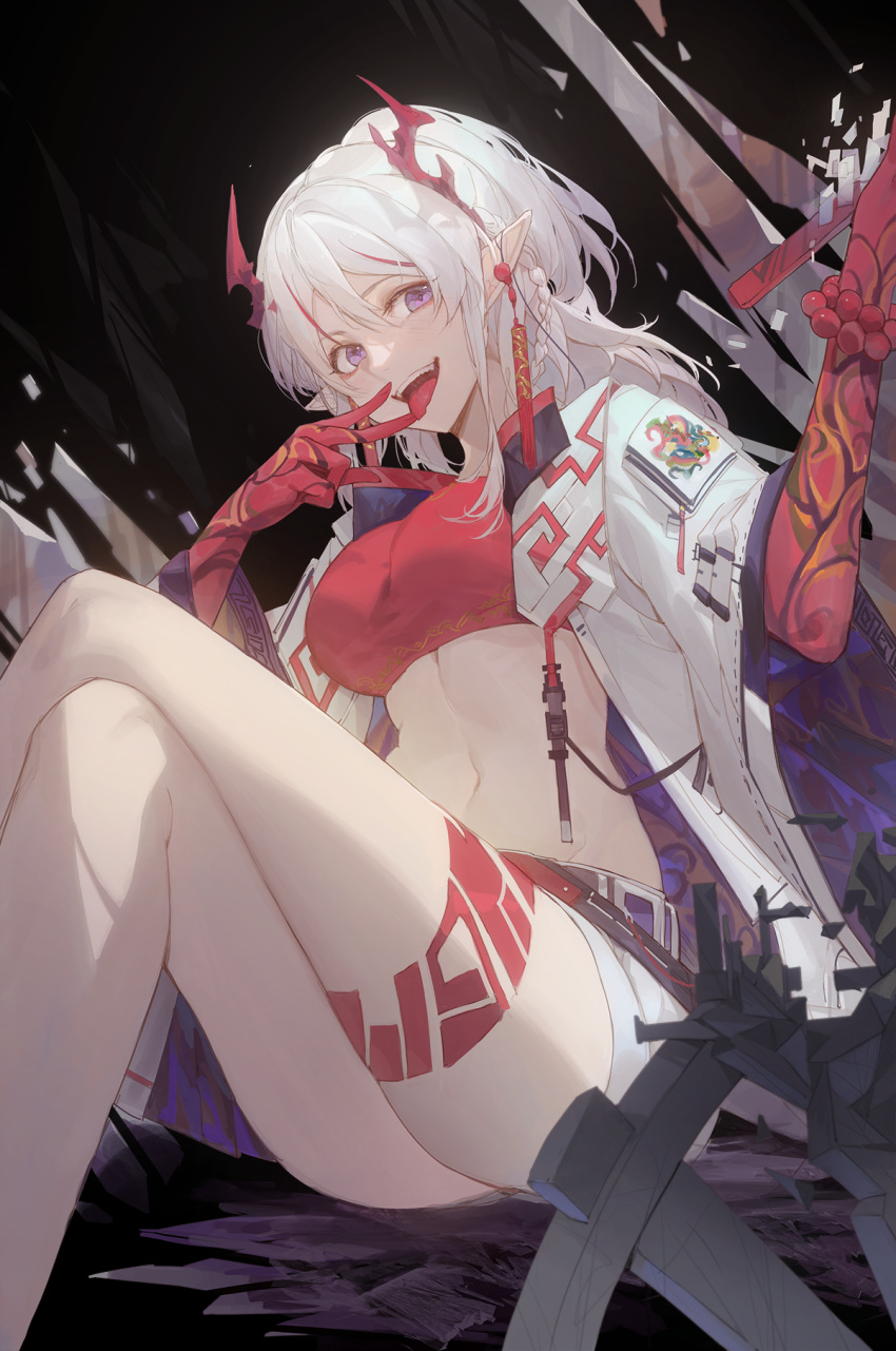 1girl arknights bare_legs beads braid breasts colored_skin crop_top crossed_legs dragon_horns earrings highres horns jacket jewelry kuroduki_(pieat) legs long_hair long_sleeves looking_at_viewer medium_breasts midriff navel nian_(arknights) open_clothes open_jacket open_mouth pointy_ears prayer_beads red_jacket red_skin short_shorts shorts side_braid silver_hair sitting solo stomach teeth thigh_strap tongue tongue_out upper_teeth v violet_eyes white_shorts wide_sleeves
