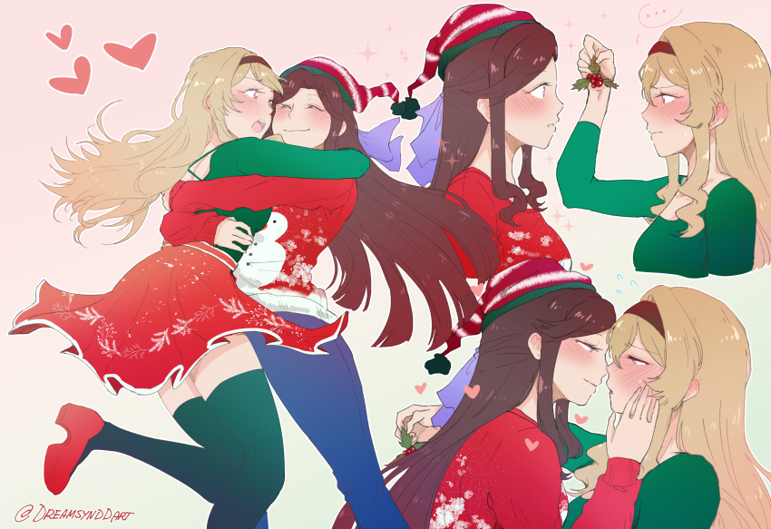... 2girls absurdres blonde_hair blush brown_hair closed_eyes closed_mouth dreamsyndd english_commentary eye_contact flying_sweatdrops half-closed_eyes heart highres holding holding_mistletoe hug imminent_kiss long_hair looking_at_another mistletoe multiple_girls parted_lips red_sweater saijou_claudine shoujo_kageki_revue_starlight snowman_print sparkle sweater teeth tendou_maya tongue twitter_username upper_teeth yuri