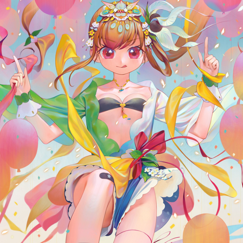 1girl :q back_bow balloon bandaid bandaid_on_knee bow breasts brown_hair confetti eyebrows_visible_through_hair flower hair_flower hair_ornament headpiece highres index_finger_raised jewelry kaede_(shijie_heping) long_hair looking_at_viewer medium_breasts necklace open_clothes original red_eyes ribbon shorts side_ponytail solo strapless thigh_strap tongue tongue_out tube_top wrist_cuffs