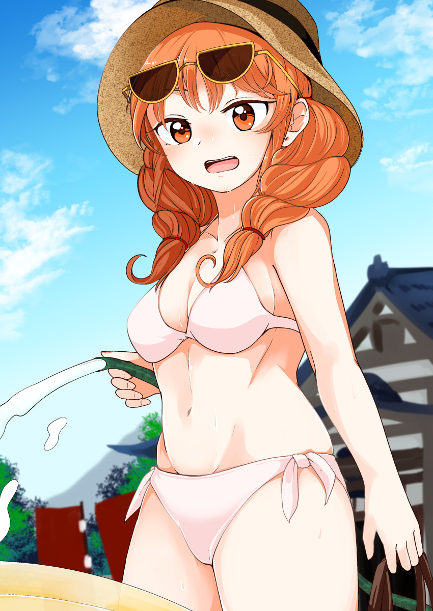 1girl absurdres alternate_costume alternate_hairstyle bikini breasts drill_hair eyewear_on_head hat highres hose kaisenpurin low_twintails medium_breasts orange_eyes orange_hair solo straw_hat sunglasses swimsuit touhou twin_drills twintails wading_pool white_bikini yorigami_jo'on